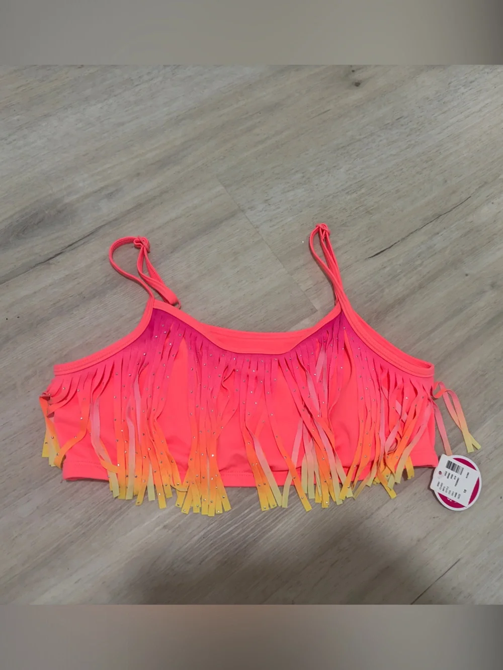 NWT - Justice Girls Neon Pink Fringe Swim Top